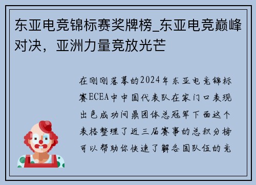 东亚电竞锦标赛奖牌榜_东亚电竞巅峰对决，亚洲力量竞放光芒